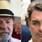 This combination of pictures created on October 4, 2026, shows Brazil's President and re-election candidate for the Workers' Party (PT) Luiz Inacio Lula da Silva (R) speaks to the media after casting his vote during the presidential election at a polling station in Sao Bernardo do Campo, state of Sao Paulo, Brazil, on October 4, 2026; and Brazil's right-wing senator and presidential candidate for the Liberal Party (PL) Flavio Bolsonaro gives thumbs up in front of Rio de Janeiro gubernatorial candidate Douglas Ruas (C, back), as he leaves a polling station after voting during the presidential election in Rio de Janeiro, Brazil, on October 4, 2026. Polling stations closed in Brazil's first-round election on October 4, 2026, featuring a nail-biter presidential race between incumbent Luiz Inacio Lula da Silva and right-wing senator Flavio Bolsonaro. (Photo by Pablo PORCIUNCULA and Mauro PIMENTEL / AFP)
